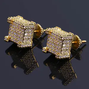 [Popular Choice] Hip Hop Square Zirconia Earrings Men Women Geometric Micropavé Zirconia Golden Color Plated Stone Stud Earrings