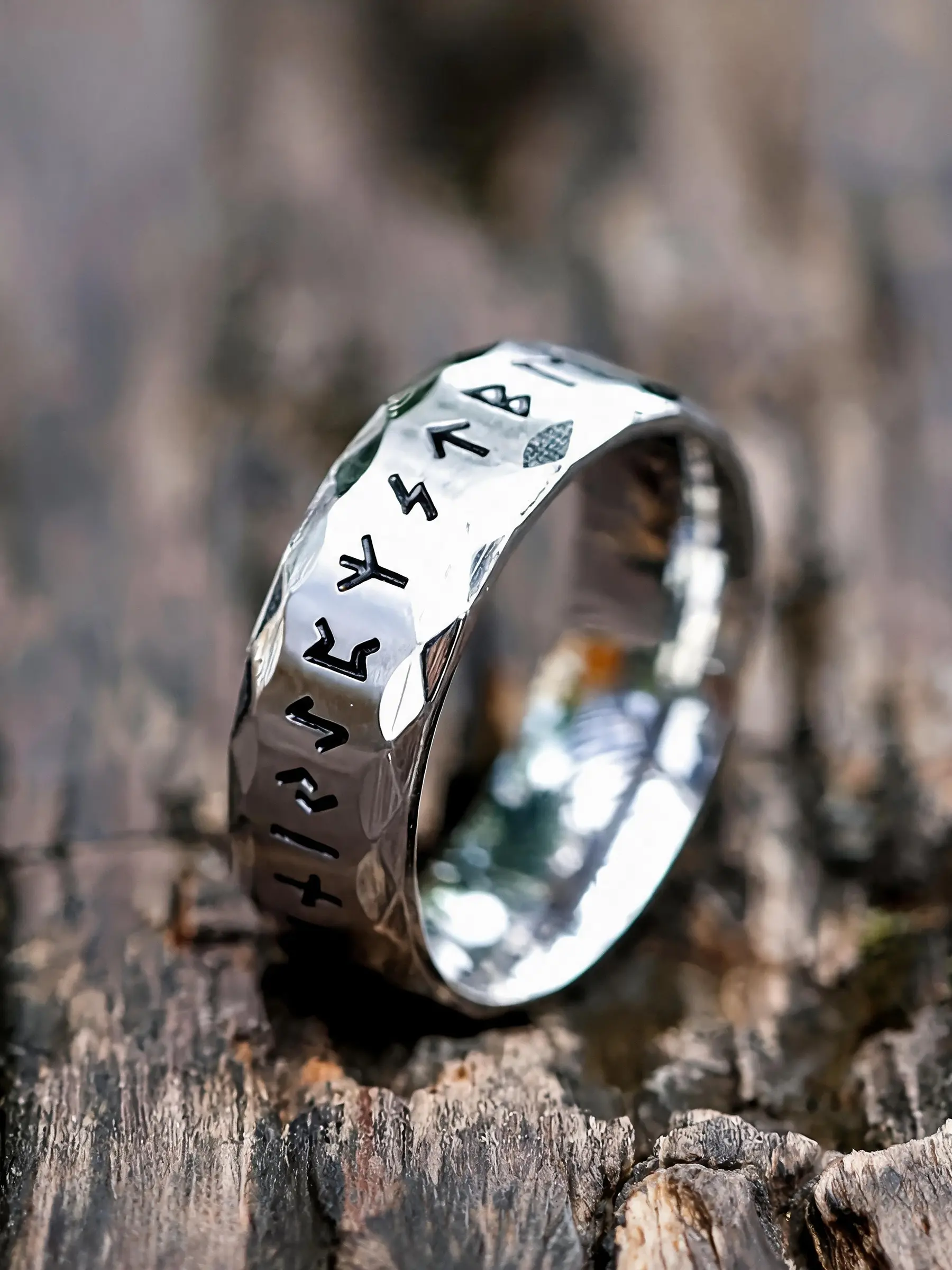 Men'S Stainless-Steel Rings Punk Viking Rune Men Rings Bevel Vintage Rings Casual Ring Silver Ring Wedding Band Jewelry For Man Engraved Ring Punk Style Ring Metal Rings