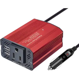 Red Power Inverter Adapter 150W DC to AC Converter with 2.1A 1A Dual USB Chargers for Phone, iPad, Laptop, Camera, and Camping