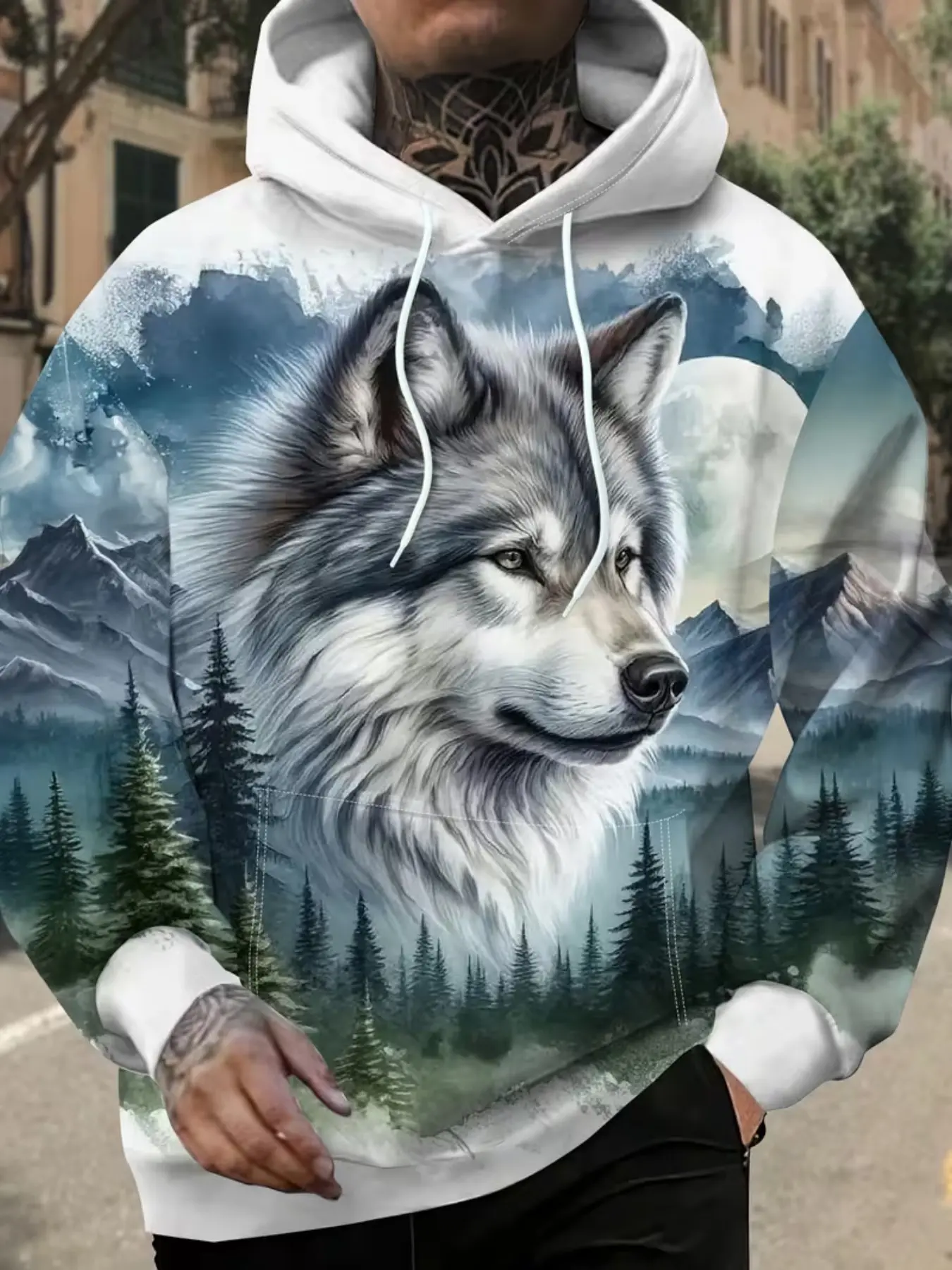 Men's Graphic Print Wolf Hooded Sweatshirt, Casual Fitted Hoodie All-Seasons Top, Graphic Sweatshirts, Stylish and Versatile Men's Fashion Apparel