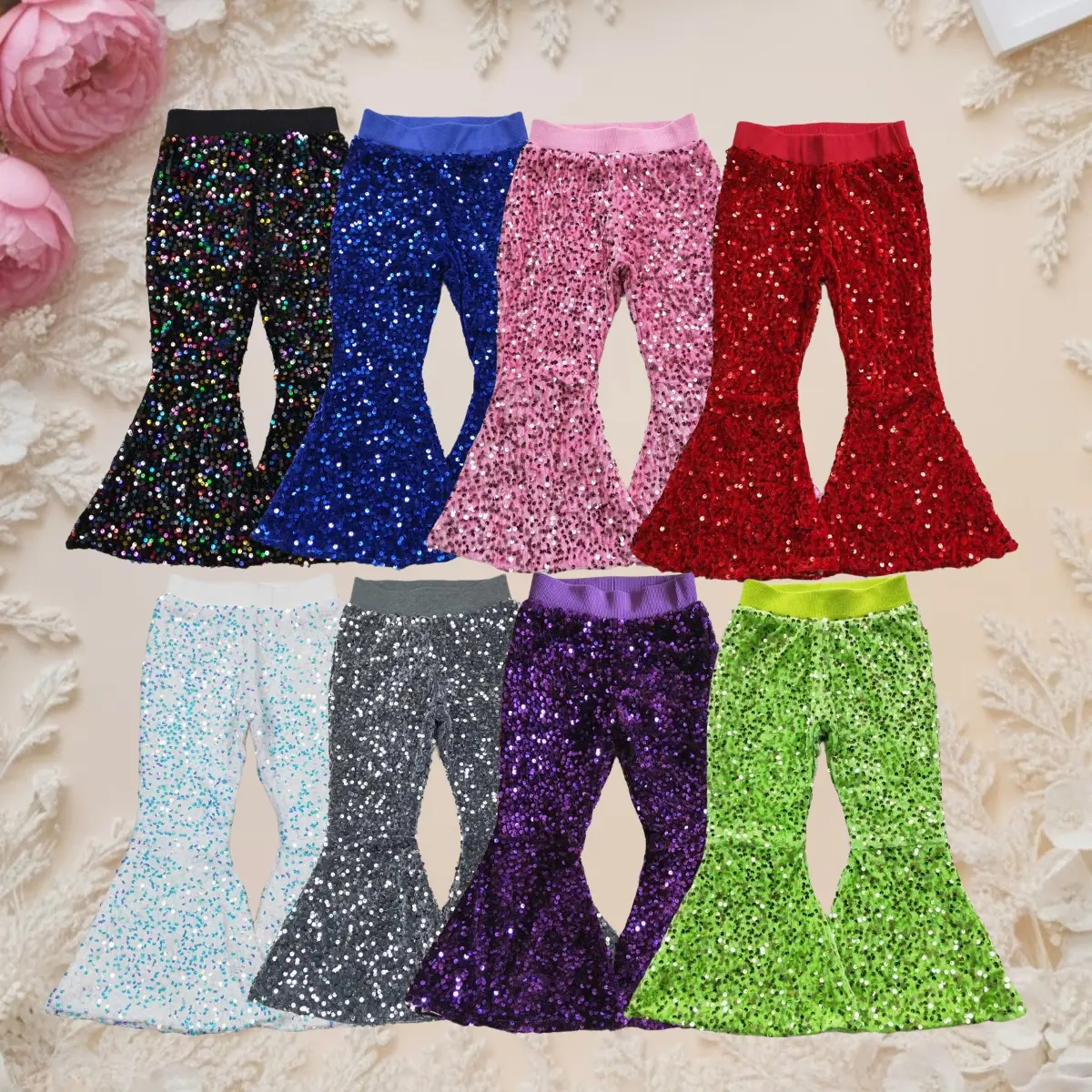 Girls' Sequin High Waist Flare Pants - Fitted, Stretchy Skin-Friendly Elastane Fabric, Sparkly Look, All Seasons for Dance & Parties, Sequins, 4T, 2T, Flared Cut, School Shows, 10-12T