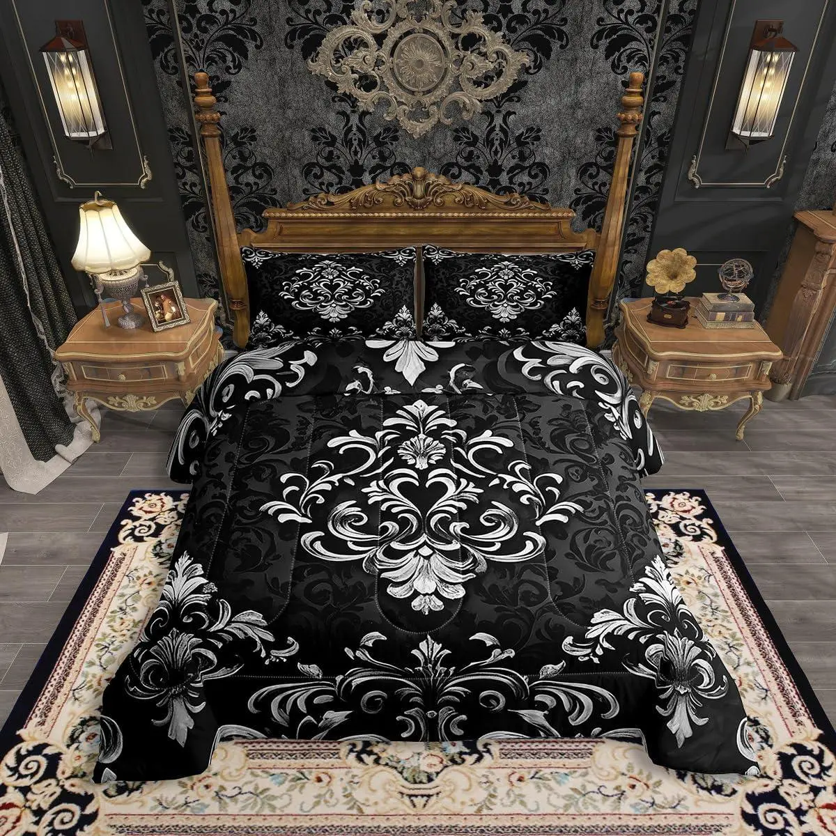 Black Grey Gothic Comforter Set,Vintage Boho Damask Floral Comforter,Bohemian Exotic Goth Bedding Set Adults Victorian Baroque Flower Bed Set