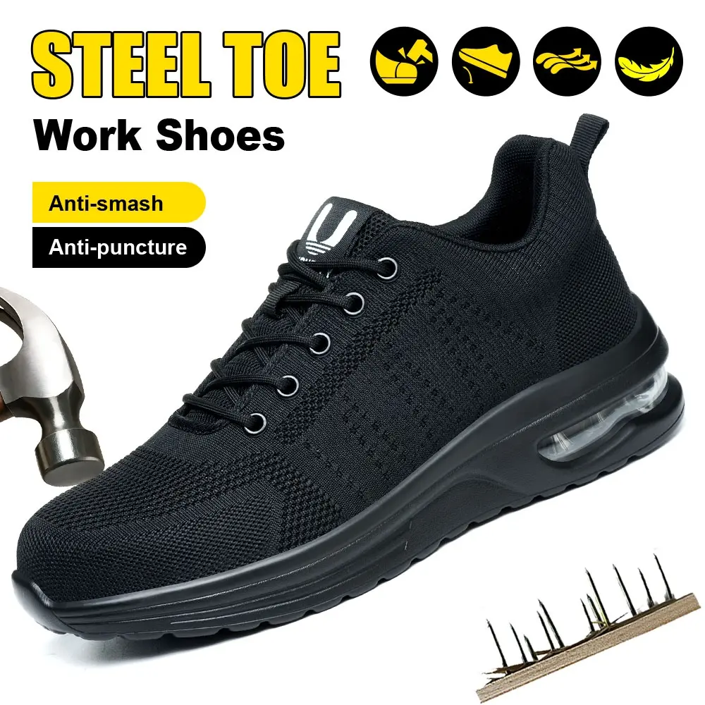 Men’s Steel Toe Safety Walking Shoes - Closed, Puncture-Proof, Lightweight, Breathable, Impact-Resistant Steel Toe Trainers for Factory, Warehouse Work