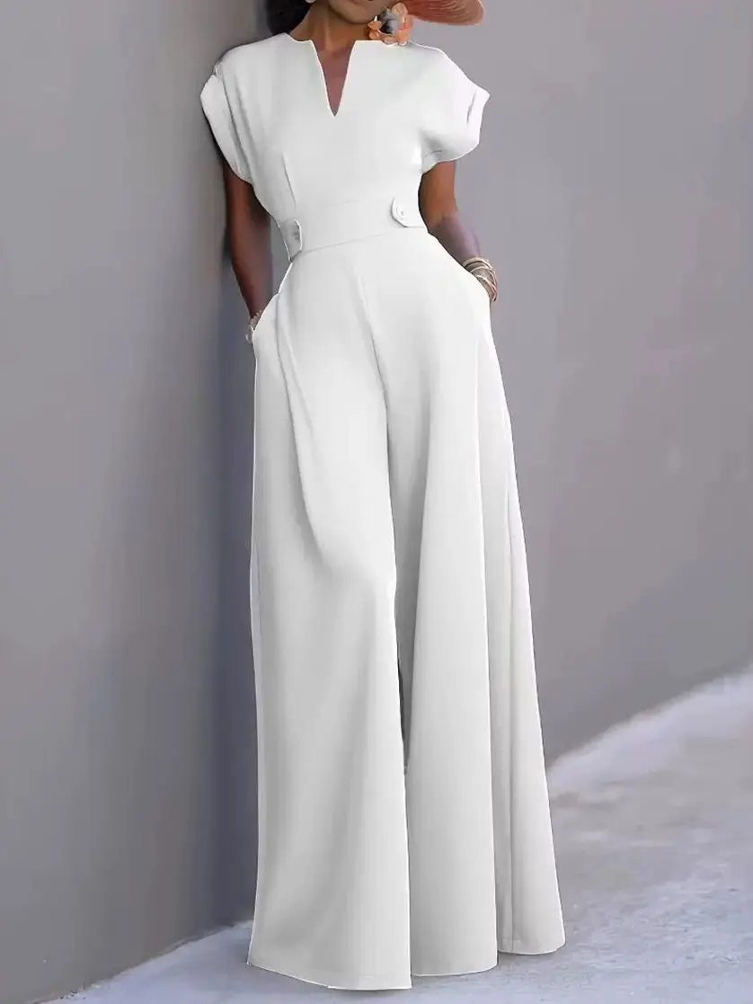 Women's Elegant Cap Sleeve V-Neck Wide Leg plain Jumpsuit - Comfortable Fitted Polyester All-Seasons Minimalist Overall Clothes for Teachers, Interviews (Note: Runs 1 size smaller; order 1 size larger),summerwins,summeroutfits,vacationoutfits womenswear