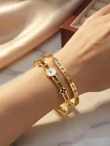 Exquisite inlaid shell/hollowed-out Roman numeral diamond-encrusted bracelet, lucky flower bracelet with square flower diamond-encrusted bracelet # Jewelry accessories/stainless steel/fade-resistant/allergy-proof/couples/festivals/parties/ideal gift