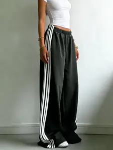 Women's Striped High-Waisted Loose Fit Long Pants, Casual Streetwear Joggers, Vintage Hip-Hop Style, All Seasons