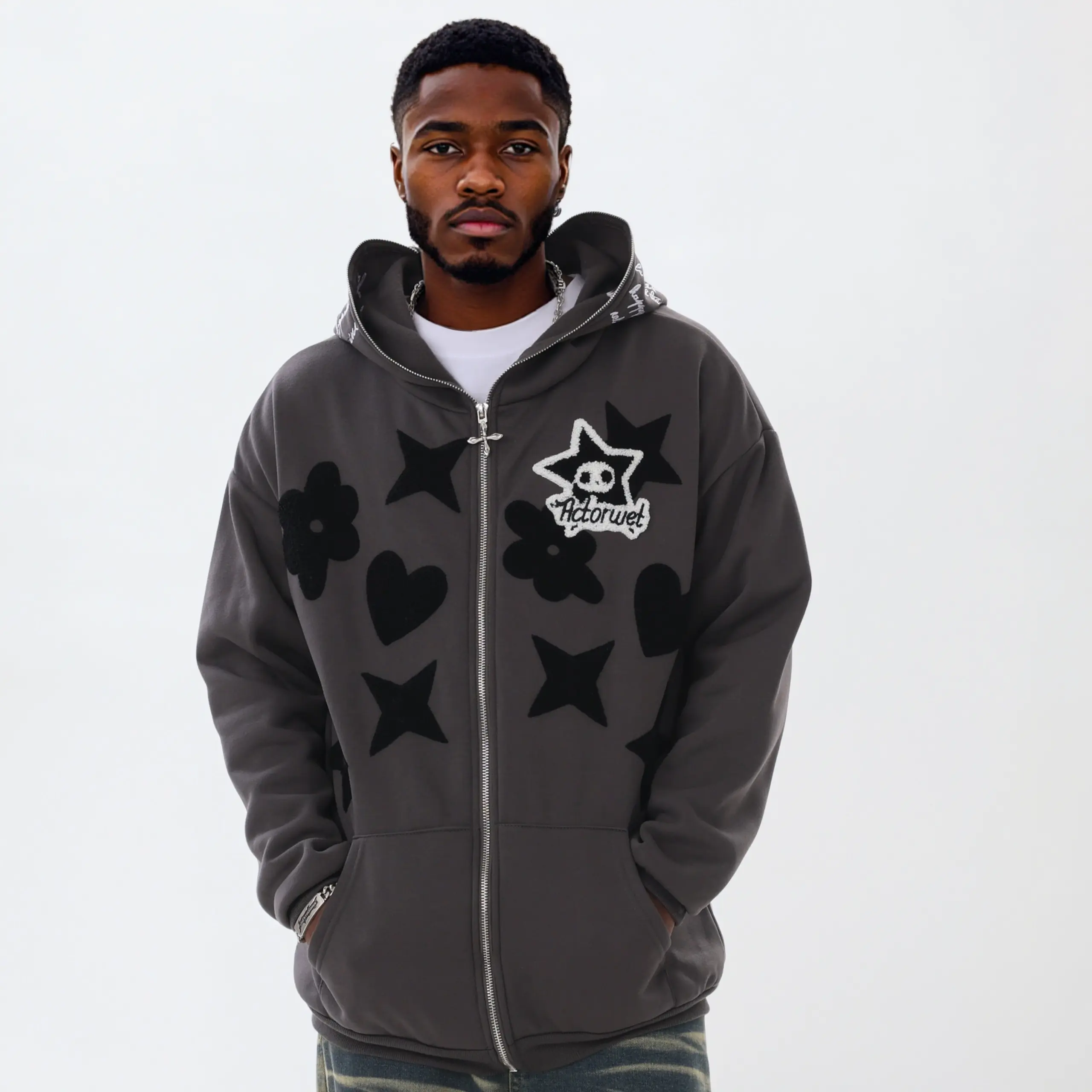 Star Pattern Hoodie Embroidered Patch Y2k Style Jacket Full Face Metal Zipper Long Sleeve Sweatshirts
