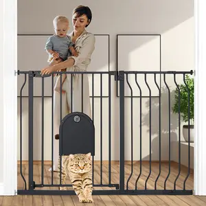 29.5-48.4" Baby Gate with Adjustable Cat Door,Extra Wide Metal Cat Gate for Stairs Doorways, Auto Close Dog Gate with Pet Door for House, Pressure Mounted Easy Walk Through (30" Tall, White)