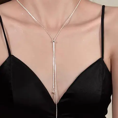 Women's Elegant Beaded Decor Long Alloy Necklace, Exquisite Trendy Adjustable Beaded Design Fashion Necklace, Chic Jewelry As Gift for Girlfriend, Minimalist Necklaces