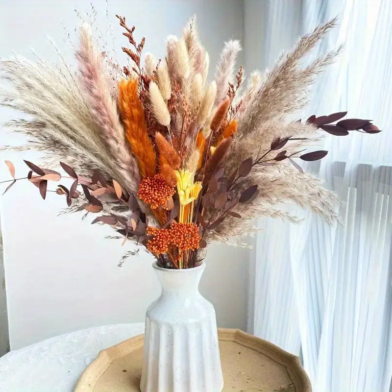 100PCS Dried Flower Bouquet, 16.9in Autumn Pampas Grass Arrangement with Bunny Tails, Eucalyptus and Orange Floral Accents for Vase, Wedding and Boho Home Decor