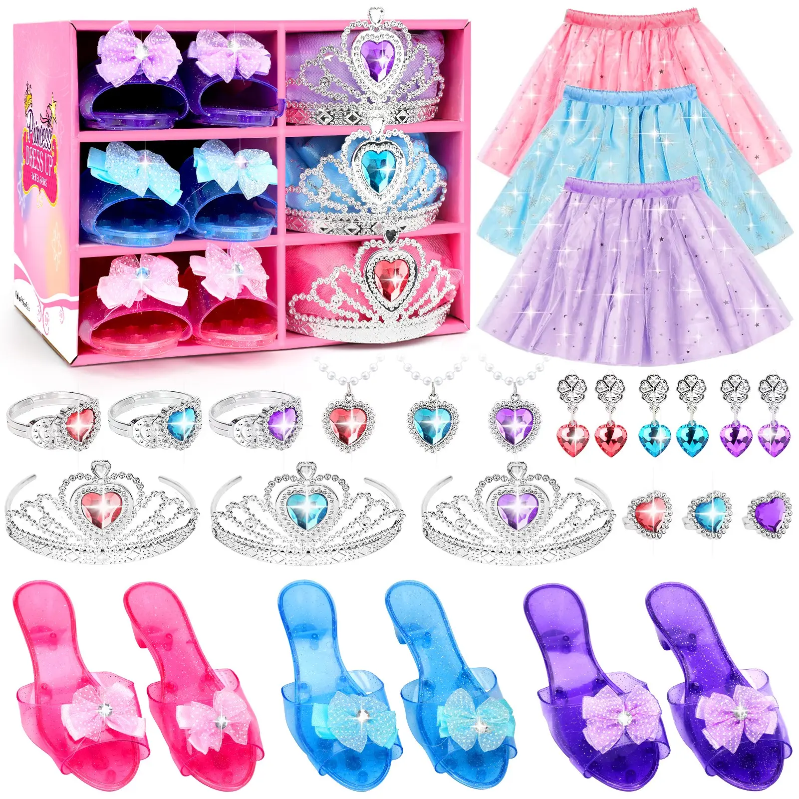 27 PCS Princess Dress Up Toys for Girls, Pretend Play Costume Set with Tutu Skirt Princess Shoes Crown Necklaces Rings Earrings Jewelry Role Playing Accessories, Perfect Birthday Christmas Holiday Gifts for Girls Ages 3 4 5 6 7 8 9 10 11 12 Playset