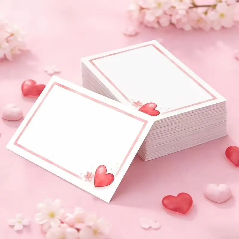 50pcs Heart Flower Watercolor Border Blank Greeting Cards, Valentine's Day New Year Wishes, Handwritten Blessing Cards