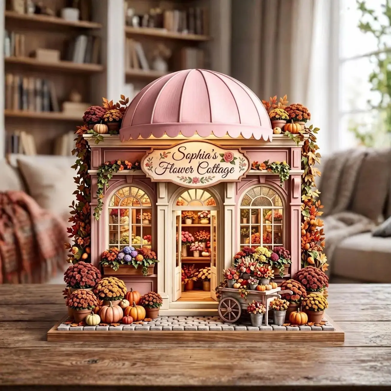 Personalized Pink Flower Cottage 2D FLAT Wooden Block, Custom Florist Sign, Autumn Floral Decor, Fall Shelf Sitter, Gardener Gift
