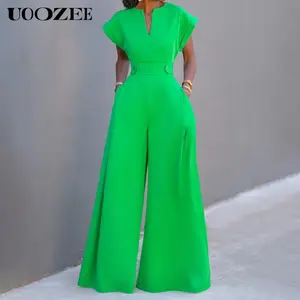 UOOZEE Women's Elegant Basic Fitted Casual Jumpsuit - Green Cap-Sleeve V-Neck Polyester Plain Lady Overall, Wide Leg, Buttons, All-Season Wear, Machine Washable Women's Bottoms Pants