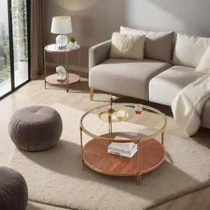 Round Glass Coffee Table with Wooden Storage Space Double-Layer Round Coffee Table with Metal Frame Modern Living Room Centerpiece Suitable for Living Rooms, Conference Rooms, and Dining Areas Easy Assembly (Dimensions: 32x32x18 inches)