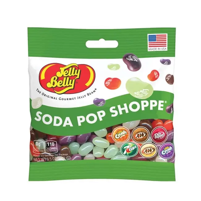 Jelly Belly Soda Pop Shoppe Flavored Jelly Beans Candy 3.5 oz Peg Bag Made in USA Orange Crush A&W Root Beer Dr.Pepper 7up Crush Grape Flavor Gluten Free Chewy Snack, Sweet, Candies