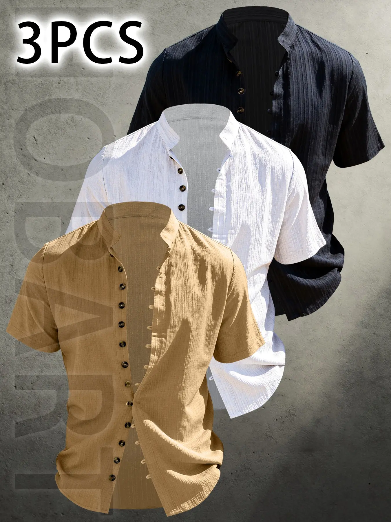 3pcs Men's Summer Short Sleeve Shirt - Lightweight Breathable Basic Casual Solid Color Plain Button-Up Casual Shirt with Stand Collar, Button front neckline, Multi-button design, Machine Washable for Beach Vacation, Pool Party, Tropical & Casual Attire