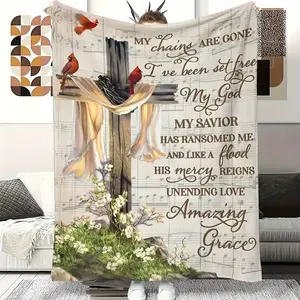 Amazing Grace Christian Hymn Gift Soft Cozy Flannel Blanket Cardinal Cross Religious Scripture Print Plush Throw Warm Fuzzy Bedroom Sofa Blanket Perfect Baptism Easter Birthday Christmas Gift for Christian Believers Women Men Home Decor