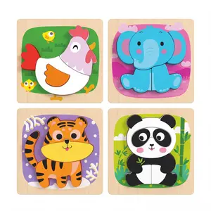 Children's wooden puzzle, 4-piece set of animal shaped puzzles (panda, tiger, elephant, rooster), suitable for male and female children's object recognition Montessori toys