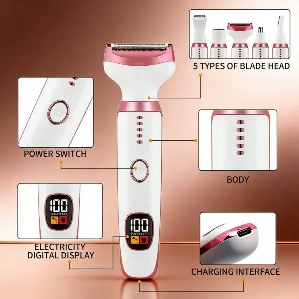 5-in-1 Electric Hair Trimmer, Compact Handheld Device with Digital Screen for a Neat Trim on Eyebrows, Face & Bikini Line, Pink