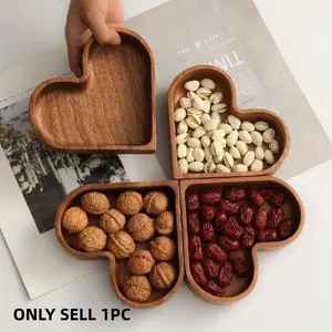 1pc Heart-Shaped Wooden Serving Tray Set, Stackable Walnut Color Fruit Bowl with Lid, Kitchen and Dining Table Serving Platter for Dry Fruits, Appetizers, Large Covered Soup Bowl, Acacia Wood Dishware, Snack Container, Fruit storage containers