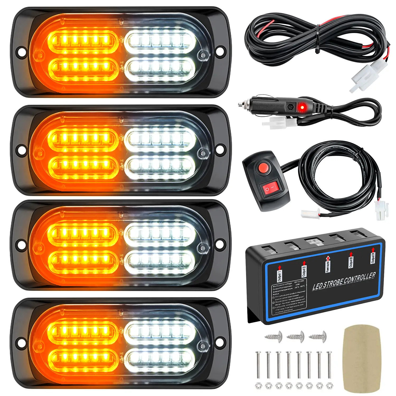 4-Pack 24LED Amber/White Strobe Emergency Lights, DC 12V Hardwired/Plug-in Universal Fit Car Light Bars with Synchronization Function, Controller for Cars, Trucks