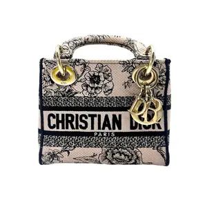 Pre-owned Dior Fabric Shoulder Bags Christian Lady D Lite Blue/White Toile de Jouy Embroidery Canvas Handle Bag With Gold Charms DR544