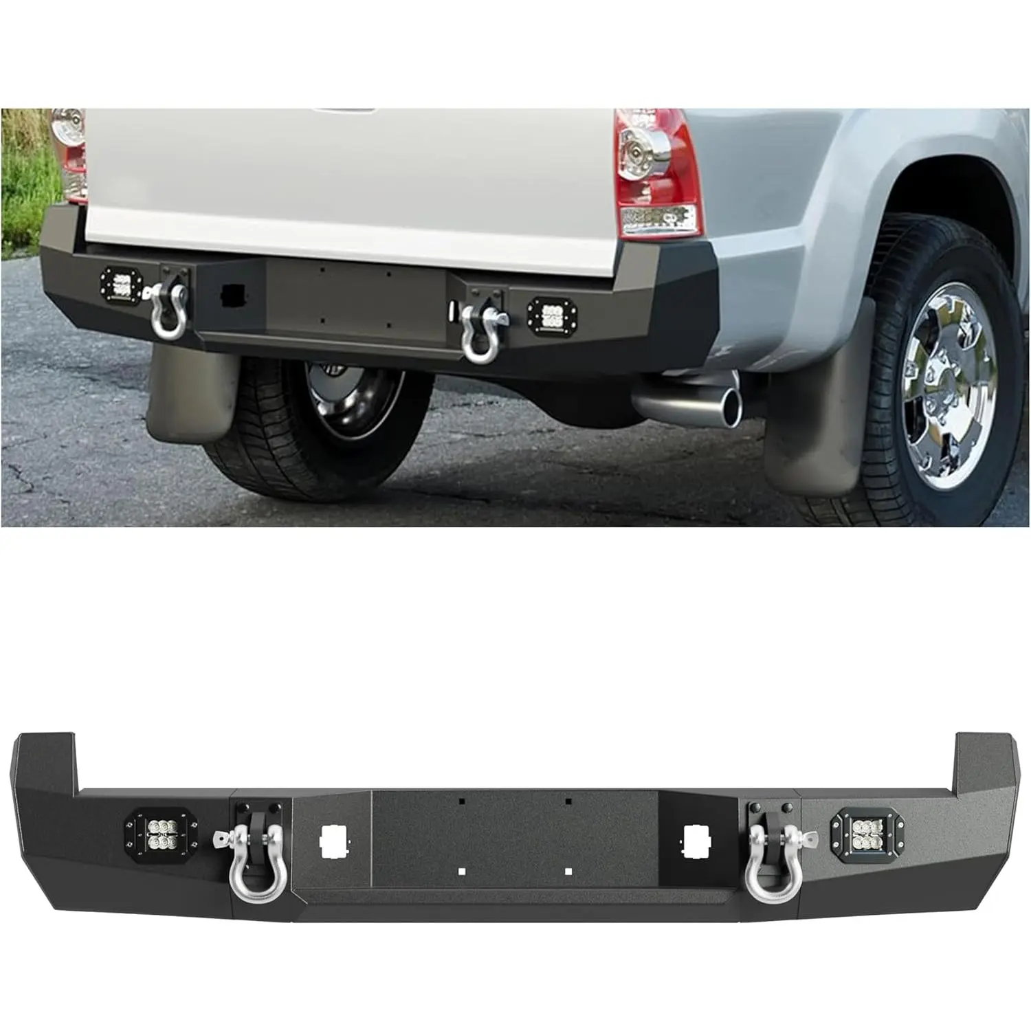 KQQIO Vehicle-Specific Fit Rear Steel Bumper, Off-Road Black Auto Part with LED Light, License Plate, D-Rings for 2005-2015 Toyota Tacoma Pickup Truck Car Accessories, 2005-2015 Tacoma