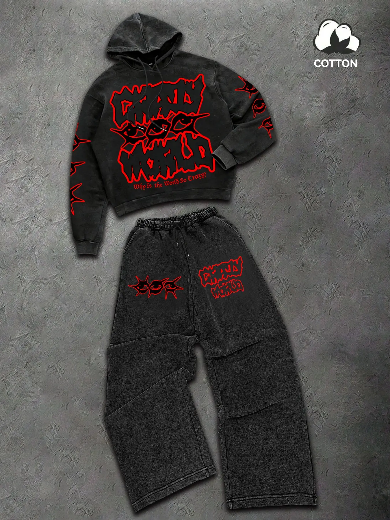 Y2K Cyber Grunge Acid Wash Athleisure Tracksuit Set | Red Graffiti Graphic Boxy Hoodie & Wide Leg Baggy Sweatpants | Edgy Streetwear Co-ord Sports Casual Wear for Music Festivals & Urban Outfits