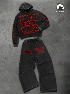Y2K Cyber Grunge Acid Wash Tracksuit Set | Red Graffiti Graphic Boxy Hoodie & Wide Leg Baggy Sweatpants | Edgy Streetwear Co-ord for Music Festivals & Urban Outfits | Casual Sweatsuits