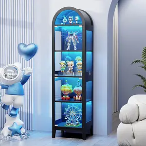 Arched Display Cabinet with Glass Doors, 71" Narrow Curio Cabinet with LED Lights for Collectibles Bookcase, 5-Tier Showcase Glass Display Case with Human Body Sensor for Living Room, Black