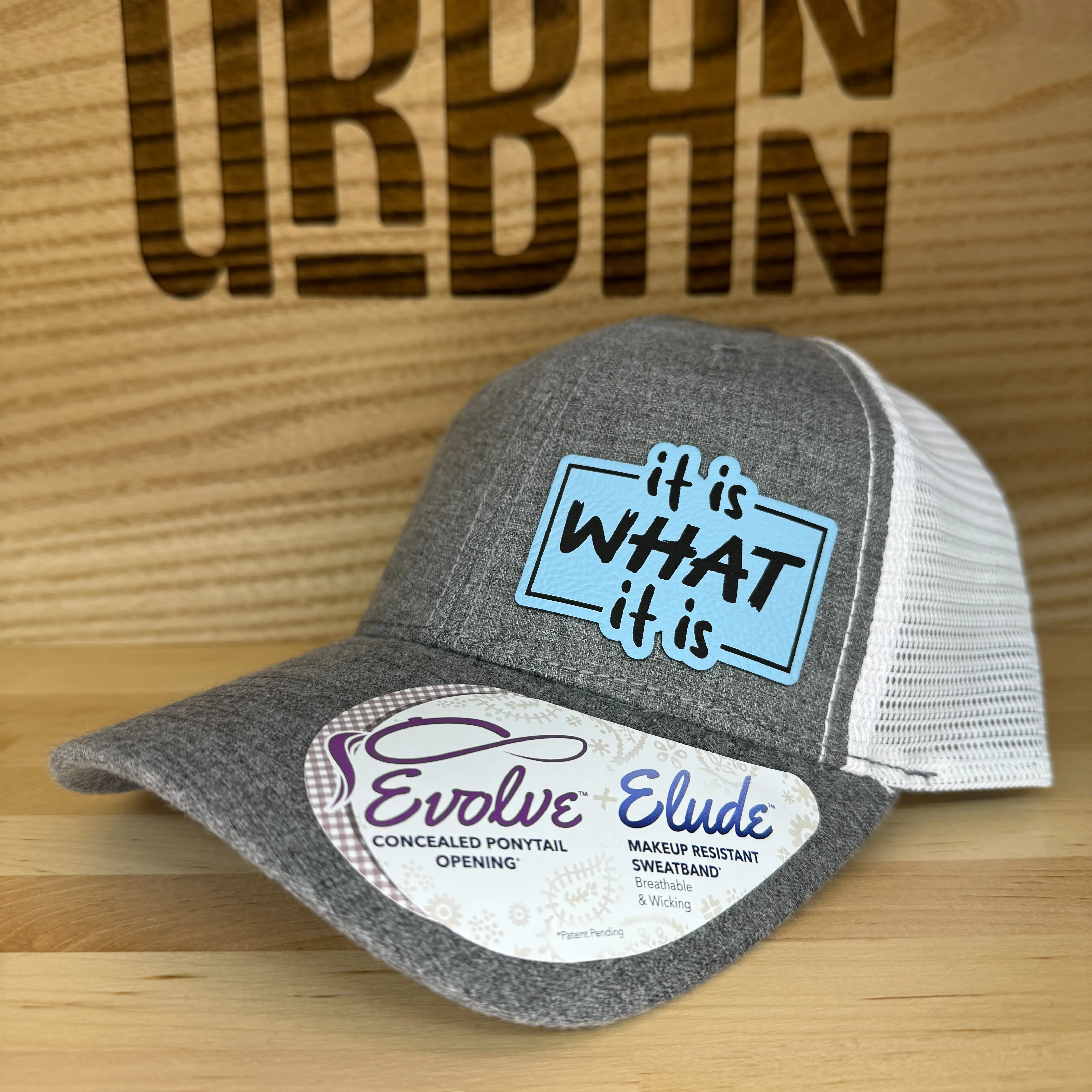 Heather/White Evolve Ponytail Hat w/Lt. Blue Patch