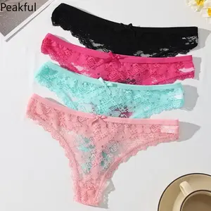 Bow Front Contrast Mesh Lace Thong Panties Women Soft Breathable Stretch Fabric Lightweight Comfortable Lingerie Stylish Smooth Design Ideal for Everyday Casual Wear