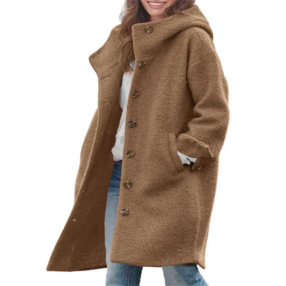 Chouyatou Women's Winter Wool Blend Hooded Jacket - Long Sleeve, Single-Breasted, Casual Long Trench Coat, Tops, Baggy, School, Church, 2 Side Hand Entry Pockets, Windproof Hood, Button, Vintage