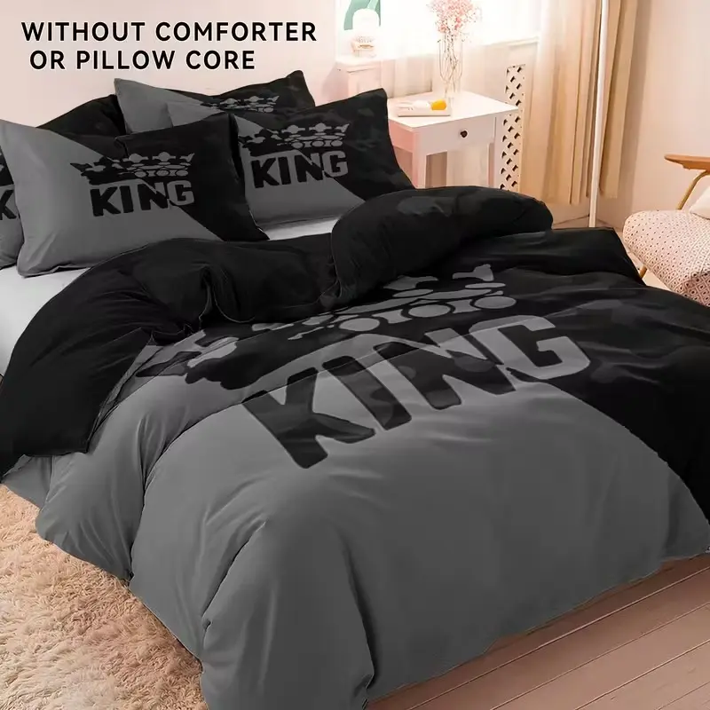 2D Print 3-Piece Crown Letter Pattern Modern Bedroom Bedding Set, Soft Breathable Polyester Fabric, All-Season Use Decorative Bedding Set, Bed Sets