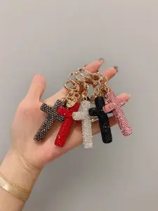 Ceramic Cross Keychain with Rhinestones, Creative Car Key Chain, Keychain Jewelry, Unisex Bag Charm, Valentine's Day Gift, All Seasons, Bag Pendant Keychain