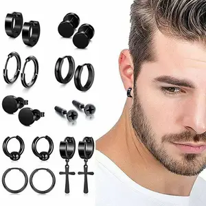 8 Pairs Stainless Steel Earrings for Men, Stainless Steel Earrings Stud Kit for Men Women Fashion Piercing Jewelry Cross Dangle Hoop Earrings Set