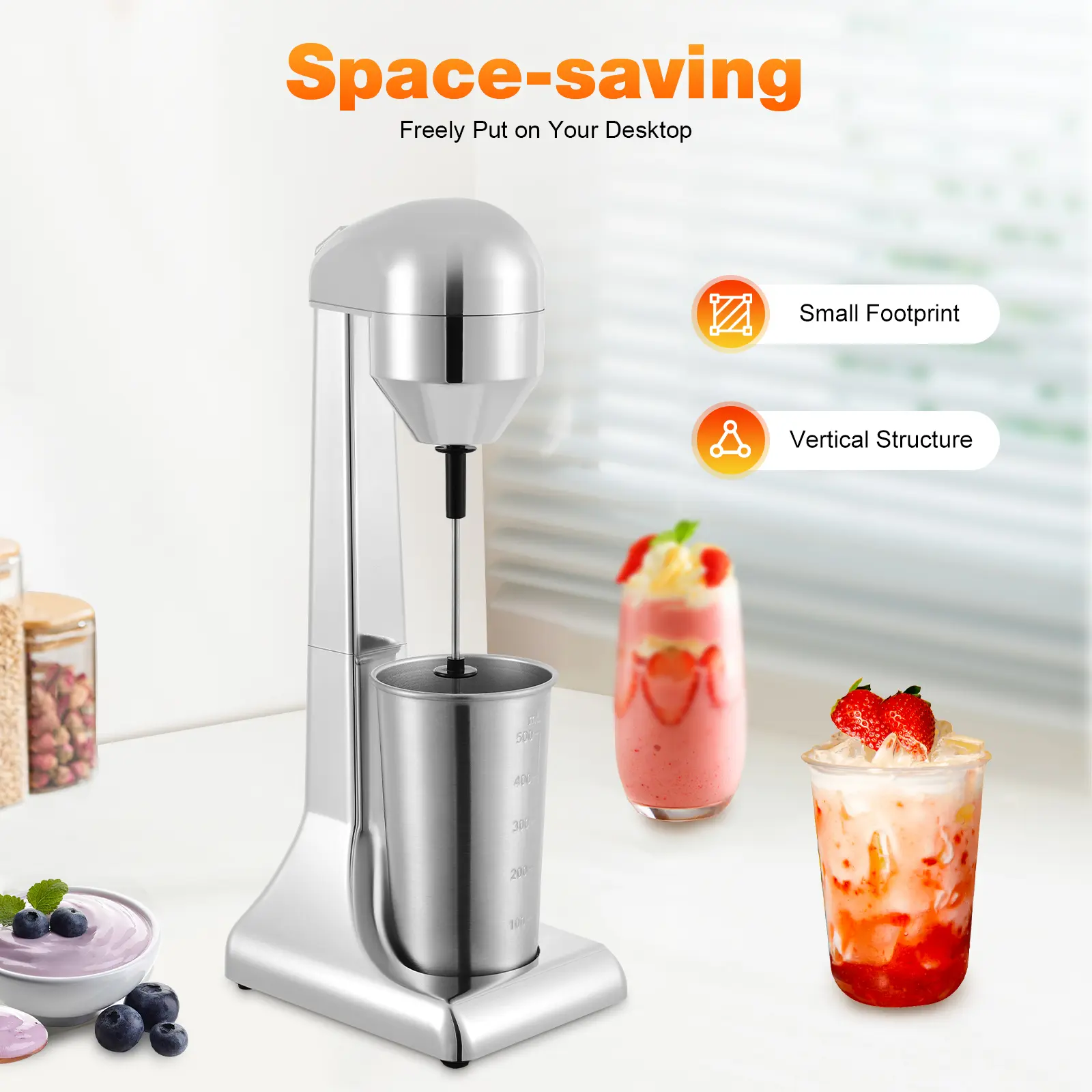 Professional Electric Milkshake Maker - 100W Protein Shake Mixer, 2-Speed 22000 RPM, 500ML Stainless Steel Cup, Silver Kitchen Appliance for Commercial & Home Use