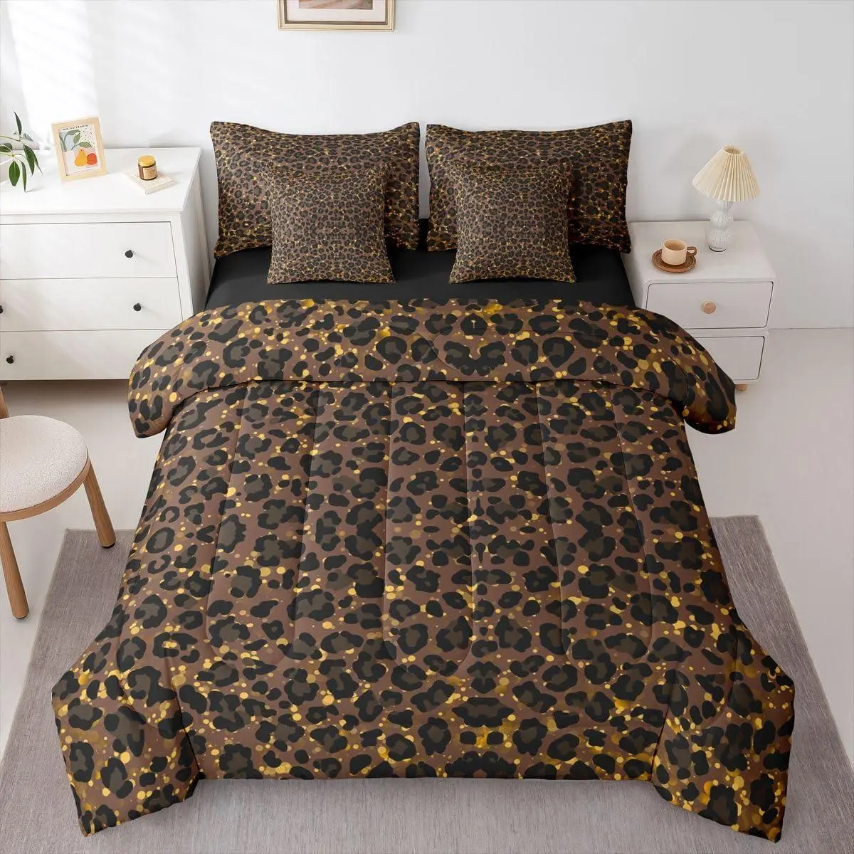 Gold Black Leopard Comforter Set,Luxury Leopard Spot 7 Pcs Bedding and Adults,Bed in a Bag,Modern Animal Print Bed Sheet Sets with Fitted Sheet Pillowcases Bedroom Bed Decor