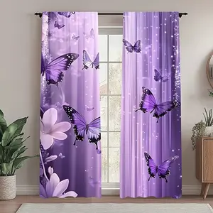 Butterfly Dance Print Curtain Set, Rod Pocket Design, for Bedroom Office Kitchen Living Room Study, Home Decor Enhancer, Home Decoration Curtain