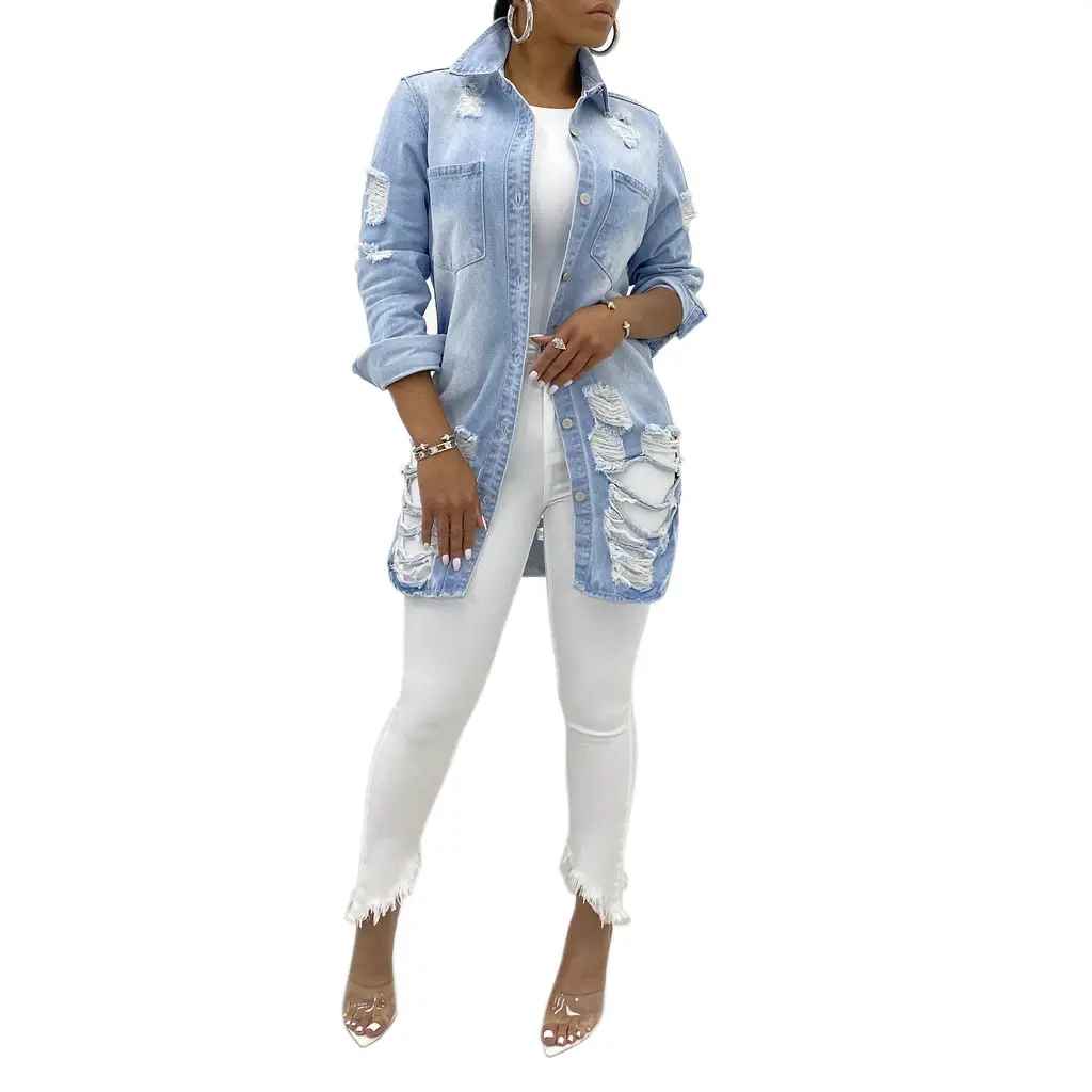 Elegant Solid Colour Denim Jacket for Women, Long Length Coats with a Distressed Look, Single-Breasted Tops, Chic, Fabric, Regular Fit, Cotton-Viscose, Casual, Do Not Dry Clean, Dark Blue, Button Front, Chic Look, Commencement, Daily