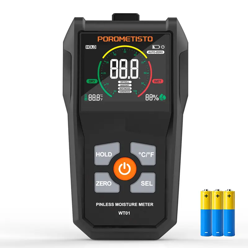 POROMETISTO-WT01 Digital Wood Moisture Meter, Pinless 6-in-1 Handheld Non-Destructive Moisture Detector for Wood, Wallboard, and Masonry, Visual/Audible Alarm, Humidity Temperature Auto Teste, Water Leak Detector