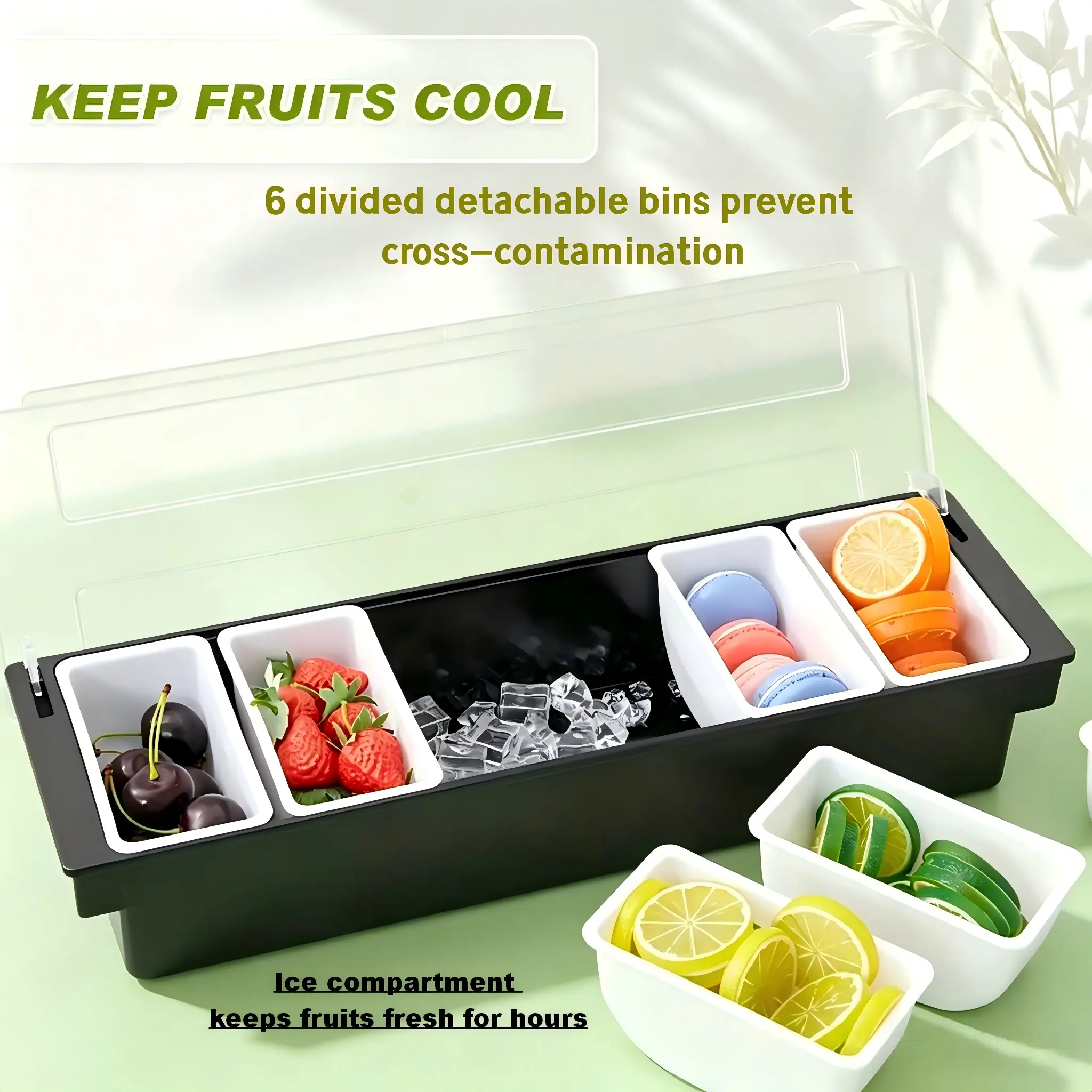 6 Compartment Refrigerated Storage Tray with Lid, Thickened Leak-Proof Plastic Condiment Dispenser, Divided Chilled Fruit Salad Snack Container, Commercial Multi-Purpose Bar Kitchen Organizer for Picnic Party Daily Use