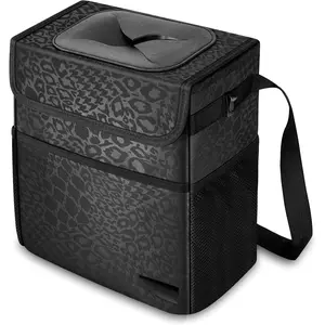 Cute  Trash Can with Lid - Multipurpose Collapsible Trash Bin for , Leak-Proof Organizer,  Garbage Can with Storage Pockets & Adjustable Straps, 2 Gallons (Black Leopard)