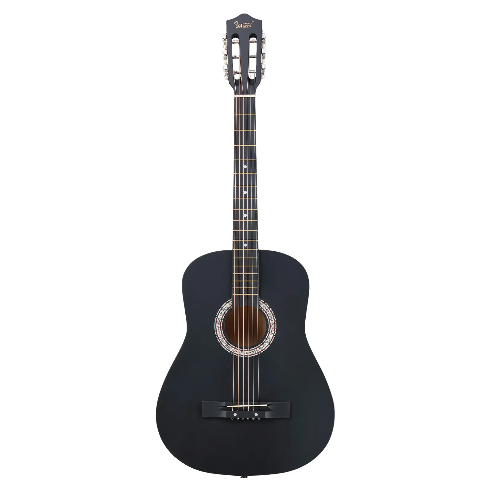 Stylish 38-in Round Matte Black Acoustic Guitar Full Set for Beginners - Basswood & Artificial Wood Build, Deburred Frets, Heat & Humidity-Resist, Casual Use, ABS Accessories: Picks, Strings, Capo, Hard Case, Tuner, Strap