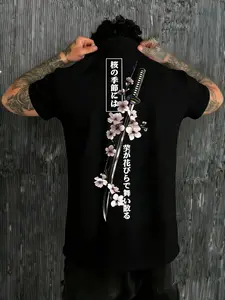 Unisex Sakura Samurai Sword Japanese Print Short Sleeve T-Shirt, Vintage Round Neck Top, Streetwear Essential for Casual Wear