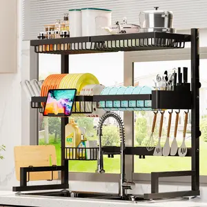 Over The Sink Dish Drying Rack (Expandable Height and Length) Snap-On Design 2 Tier Large Dish Rack (27-36L x 12W x 32.5-37H (inches)) Organiser Black