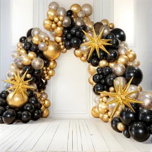 PartyWoo Black and Gold Balloon Arch Kit Garland 140pcs Different Sizes of 18 12 10 5 Inch Black Metallic Gold Confetti 22 Inch Star Balloons for Graduation Birthday New Year's Eve Party Decorations