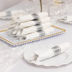 Set of 24 Plastic Silverware with Pre-Rolled White Paper Napkins Silver - Disposable Wrapped Cutlery Set