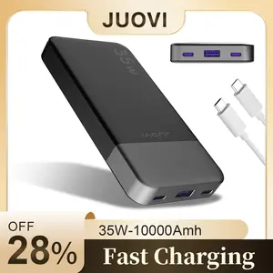 JUOVI 10000mAh 35W Bidirectional Fast Charging Power Bank with 2 USB-C & USB-A Ports for iPhone 15 14 13 Pro Tablet MacBook Galaxy iPad Pro 12.9 Accessories Smartphone Charger Black